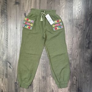 Peek‎ Kids Olive Green Gauze Embroidered Floral Pants Size 12